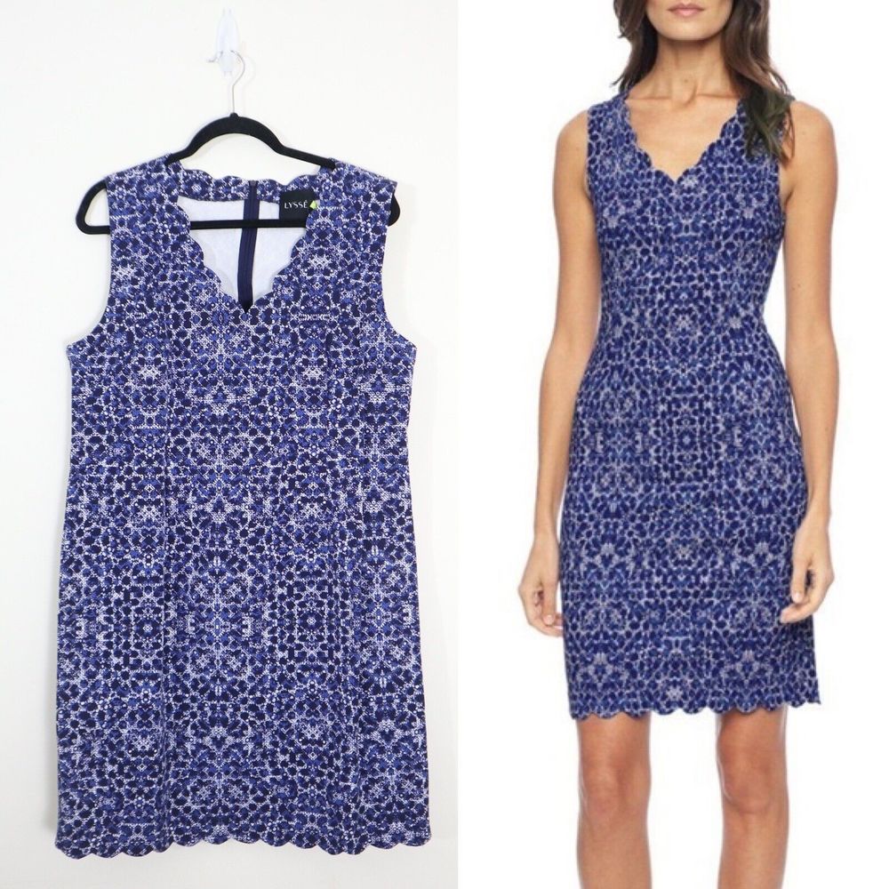 NWT Lysse Size XL Blue Kaleidoscope Print Scallop Neck Shift Dress